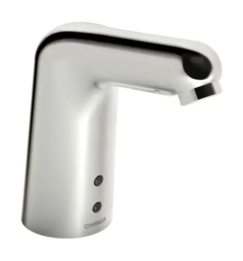 Chromfarbener Wasserhahn von HANSA mit einem modernen Design. An der Vorderseite sind zwei Bedienelemente sichtbar. Die Ausladung und spezielle Funktionen sind nicht im Bild erkennbar.